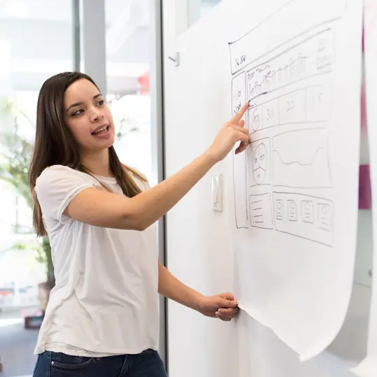 a woman and a whiteboard