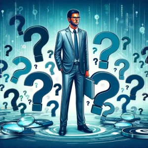 SEO consultant surrounded by question marks